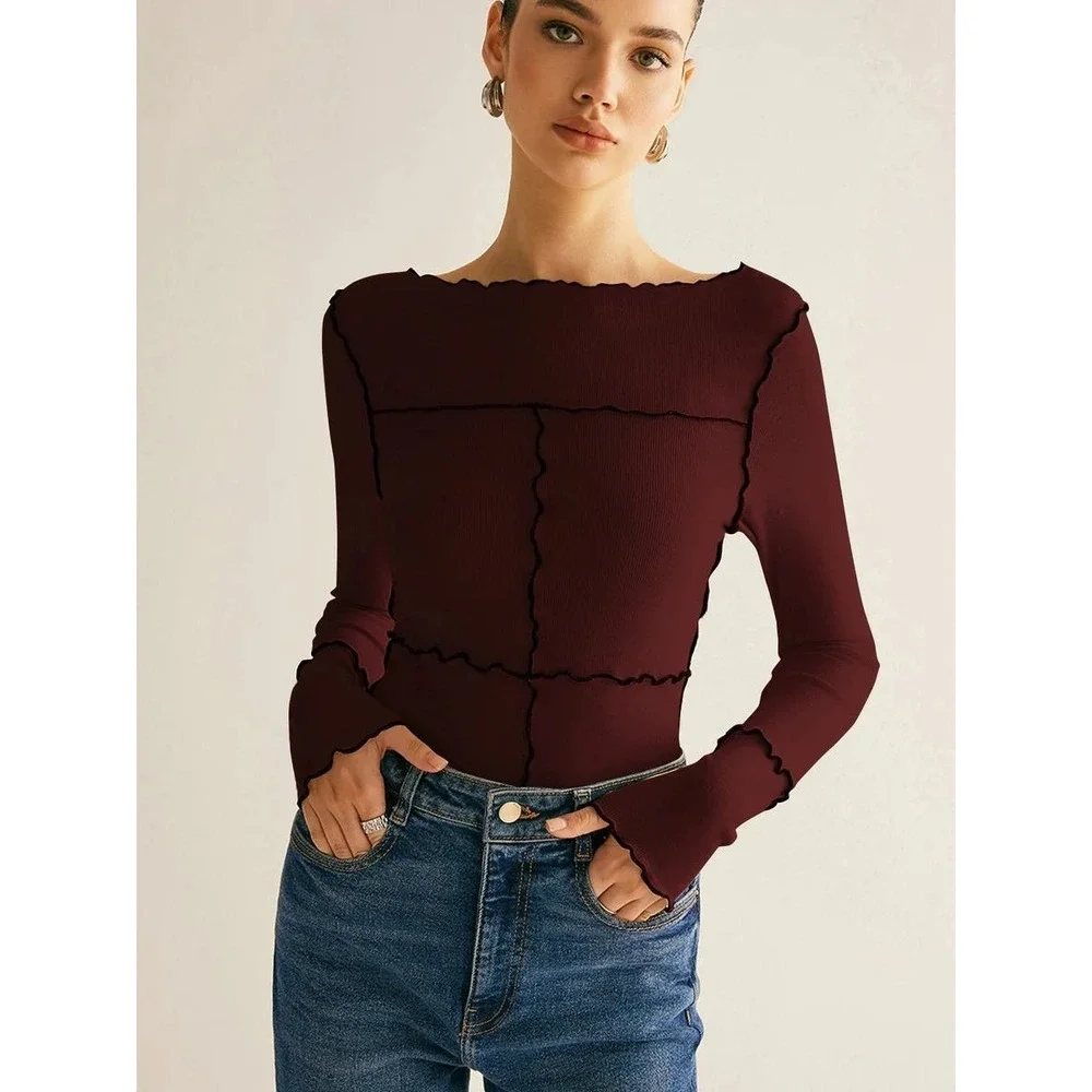 Commense‎ Deep Burgundy Ribbed Lettuce Hem Seam Detail Long Sleeve Top Small - Picture 3 of 13